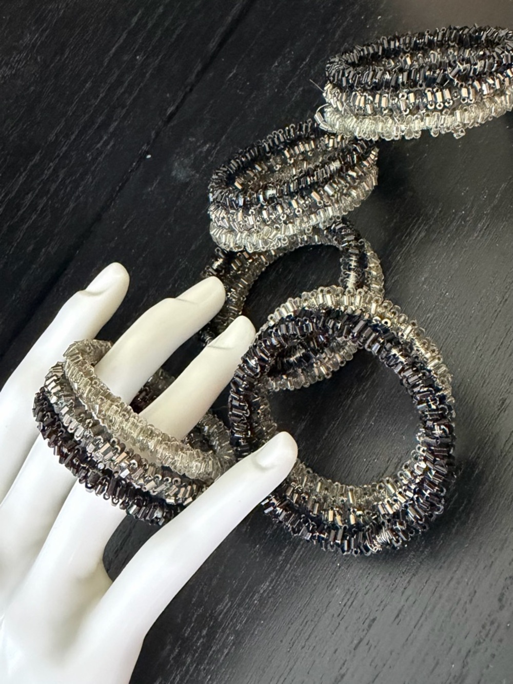 Beaded napkin rings  in Black and Silver set of 4 plus a spare